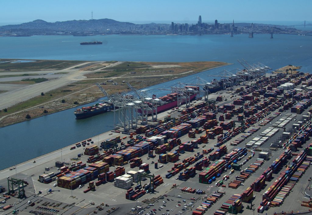 Aerial of Port of Oakland Inner Harbor with San Francisco skyline in the background - photo from The Port Of Oakland
